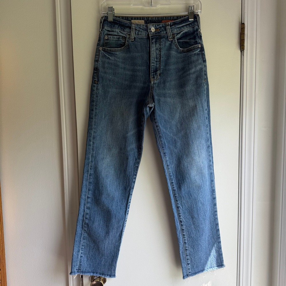 Pilcro The Vintage Straight Jeans High Rise Raw Hem Medium Wash Blue Size 27